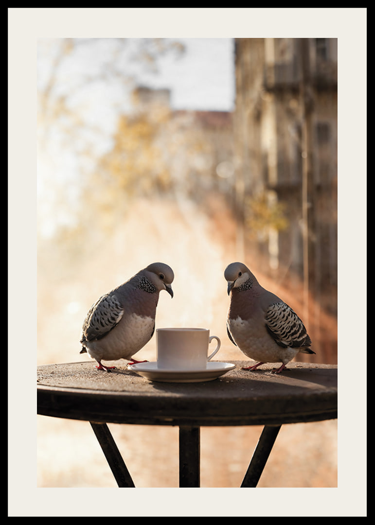 Photograph of two pigeons by coffee cup on cafe table outdoors-12