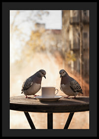 Photograph of two pigeons by coffee cup on cafe table outdoors-4