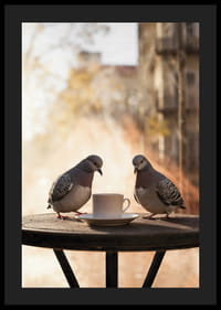 Valokuva kahdesta kyyhkystä kahvikupin vieressä kahvilan pöydällä ulkona-4