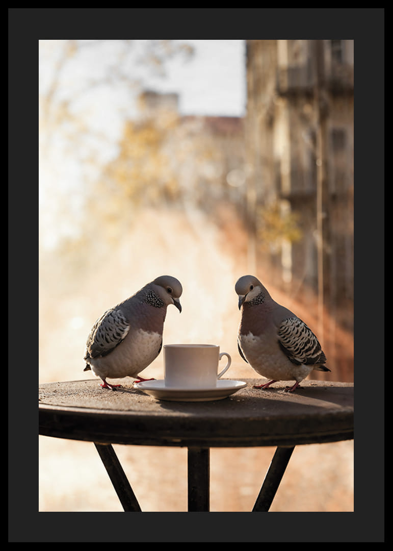 Valokuva kahdesta kyyhkystä kahvikupin vieressä kahvilan pöydällä ulkona-12