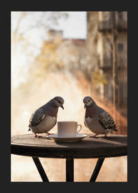 Valokuva kahdesta kyyhkystä kahvikupin vieressä kahvilan pöydällä ulkona-5