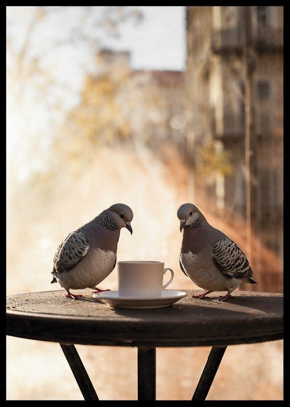 Photograph of two pigeons by coffee cup on cafe table outdoors-12
