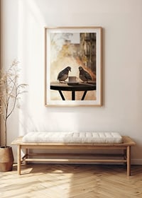 Photograph of two pigeons by coffee cup on cafe table outdoors-8