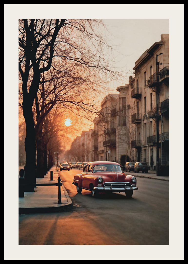 Photograph of red vintage car on city street in soft evening light-12