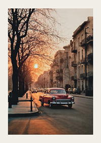 Photograph of red vintage car on city street in soft evening light-3
