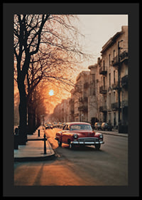 Photograph of red vintage car on city street in soft evening light-4
