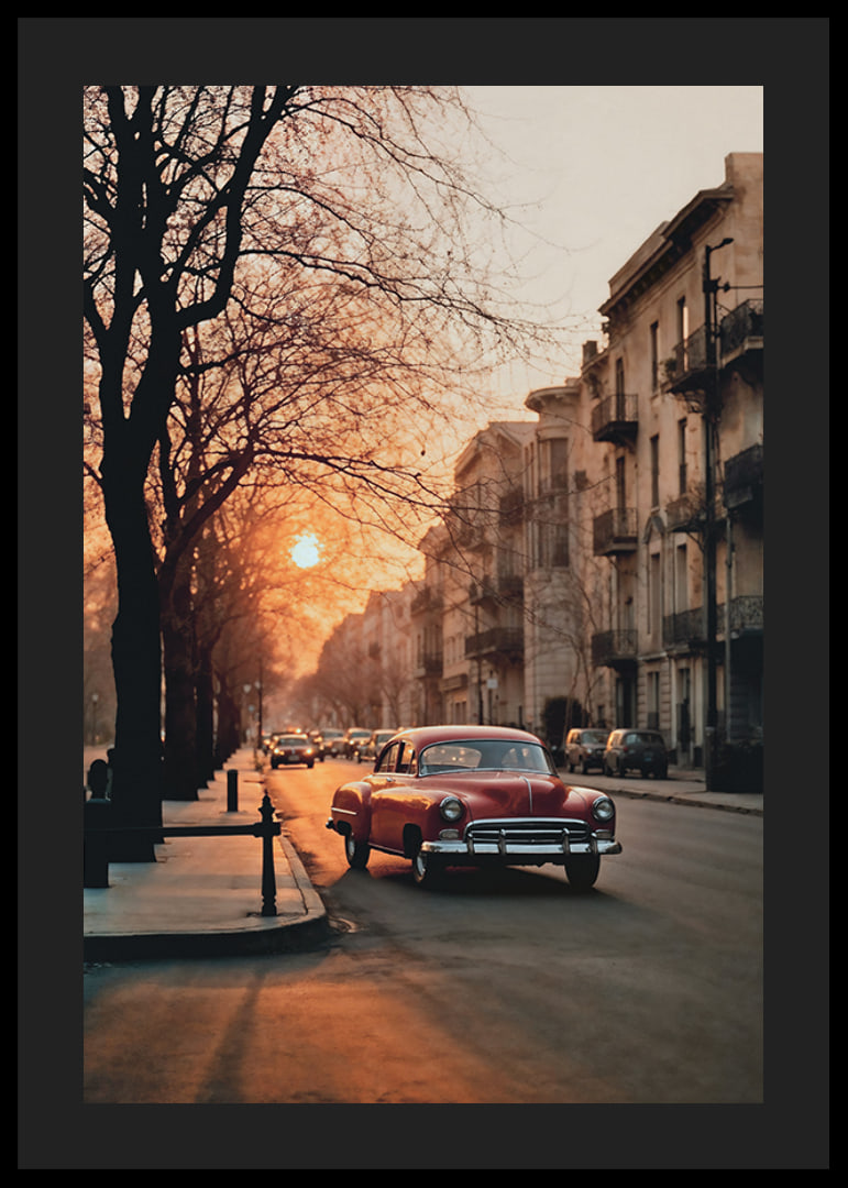 Photograph of red vintage car on city street in soft evening light-12