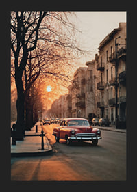 Photograph of red vintage car on city street in soft evening light-5
