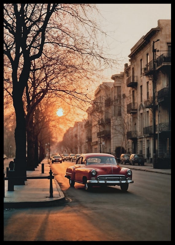 Photograph of red vintage car on city street in soft evening light-12