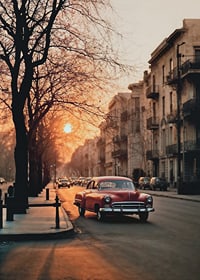 Photograph of red vintage car on city street in soft evening light-7