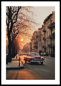 Photograph of red vintage car on city street in soft evening light-0