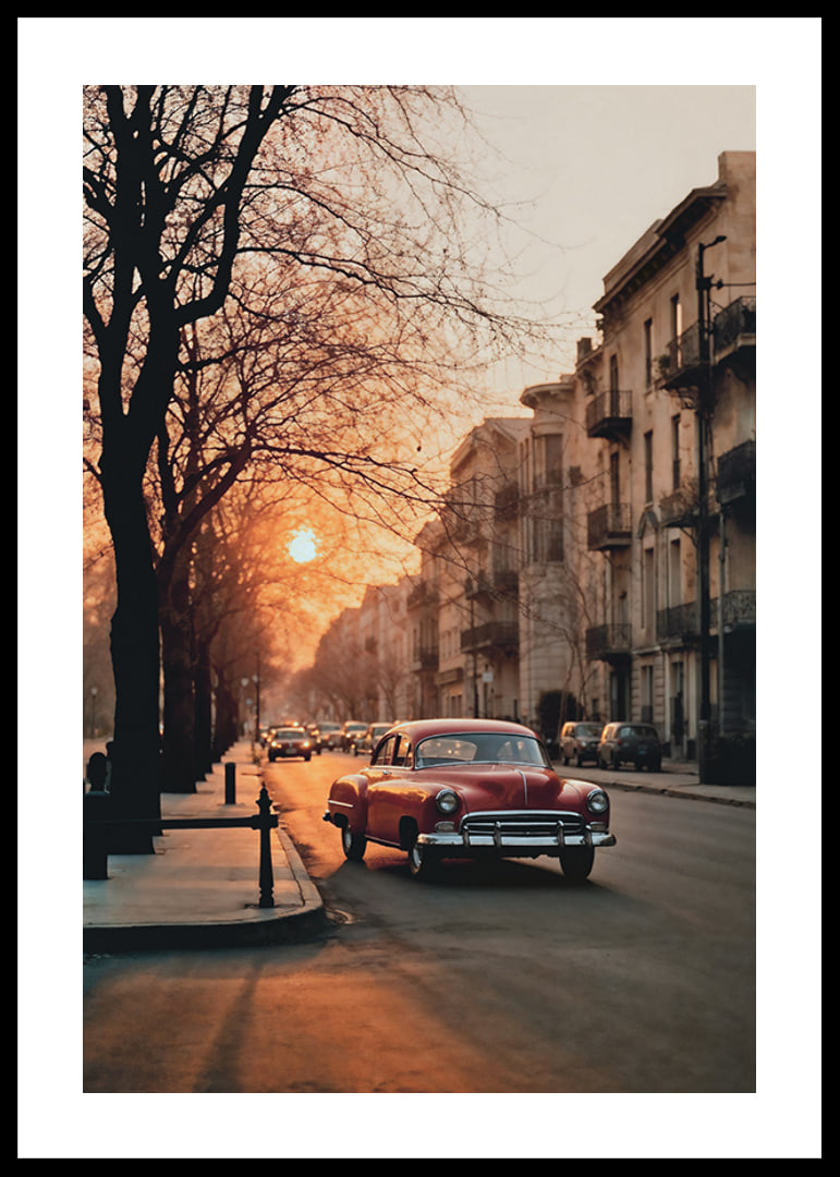 Photograph of red vintage car on city street in soft evening light-12