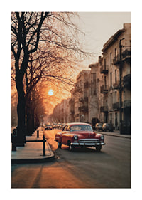 Photograph of red vintage car on city street in soft evening light-1
