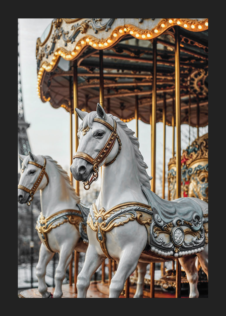 Photograph of carousel horses with decorative details in Paris-12