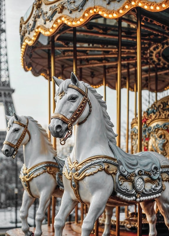Photograph of carousel horses with decorative details in Paris-12