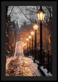 Snötäckt stadsgata med tända gatlyktor i varma toner-4