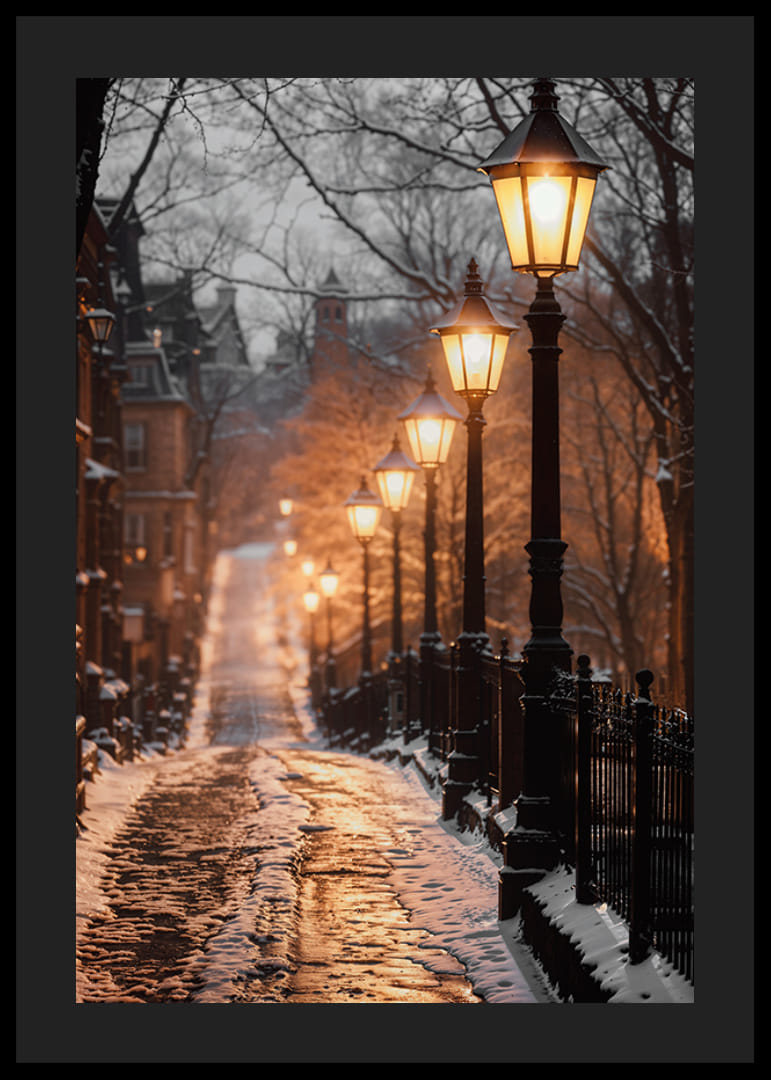 Snötäckt stadsgata med tända gatlyktor i varma toner-12