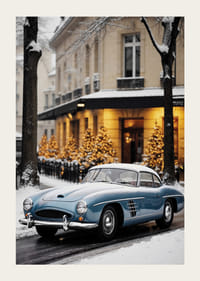 Classic blue vintage car on snowy city street with winter lights-3