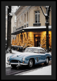 Classic blue vintage car on snowy city street with winter lights-4