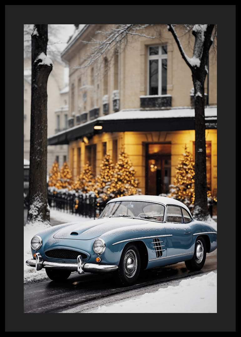Classic blue vintage car on snowy city street with winter lights-12