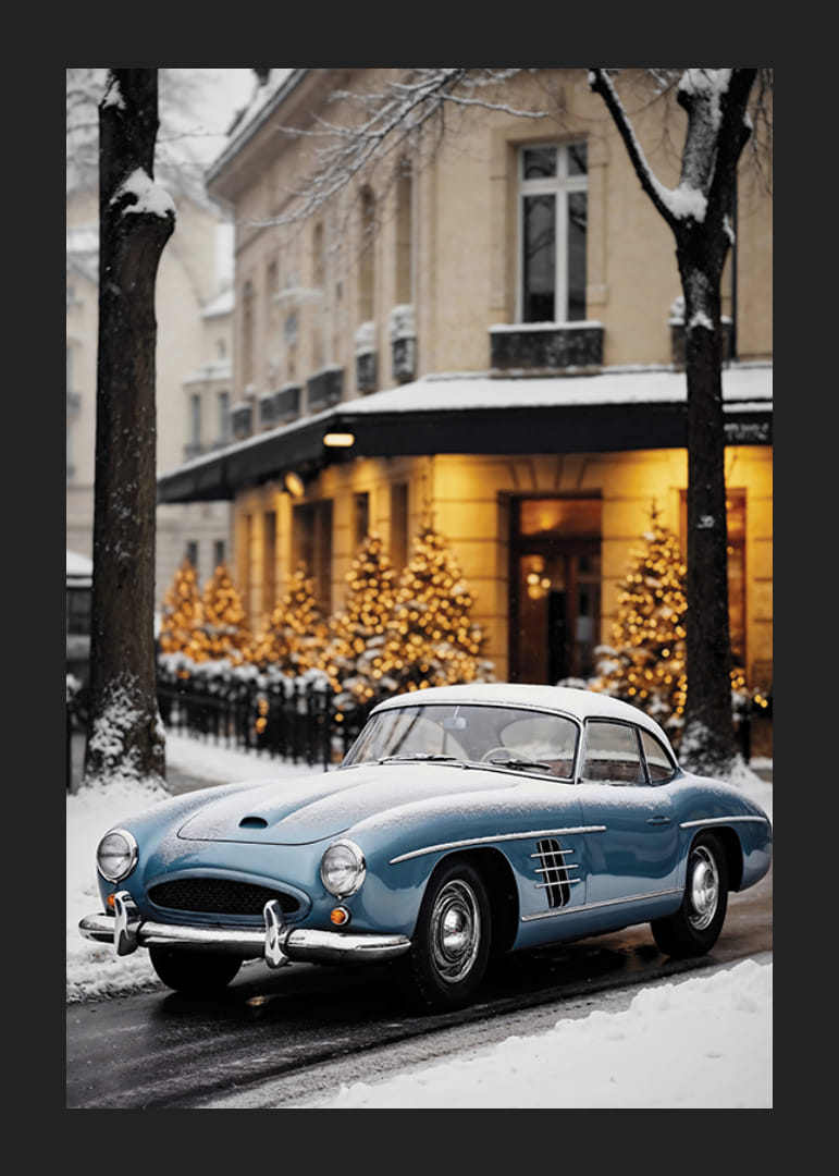 Classic blue vintage car on snowy city street with winter lights-12