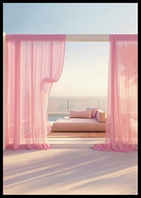 Photographic daybed with pink curtains on terrace by the sea-6