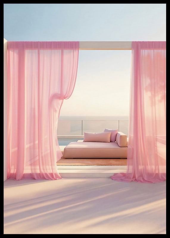 Photographic daybed with pink curtains on terrace by the sea-12