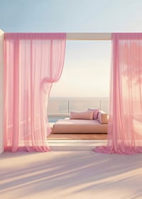 Photographic daybed with pink curtains on terrace by the sea-7