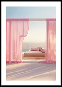 Photographic daybed with pink curtains on terrace by the sea-0