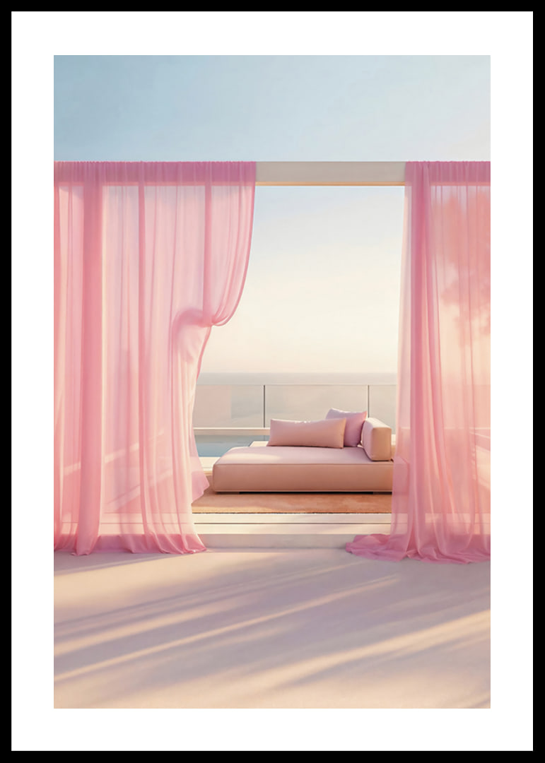 Photographic daybed with pink curtains on terrace by the sea-12