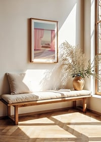 Photographic daybed with pink curtains on terrace by the sea-8