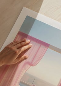 Photographic daybed with pink curtains on terrace by the sea-9