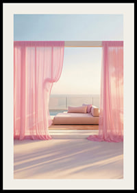 Photographic daybed with pink curtains on terrace by the sea-2