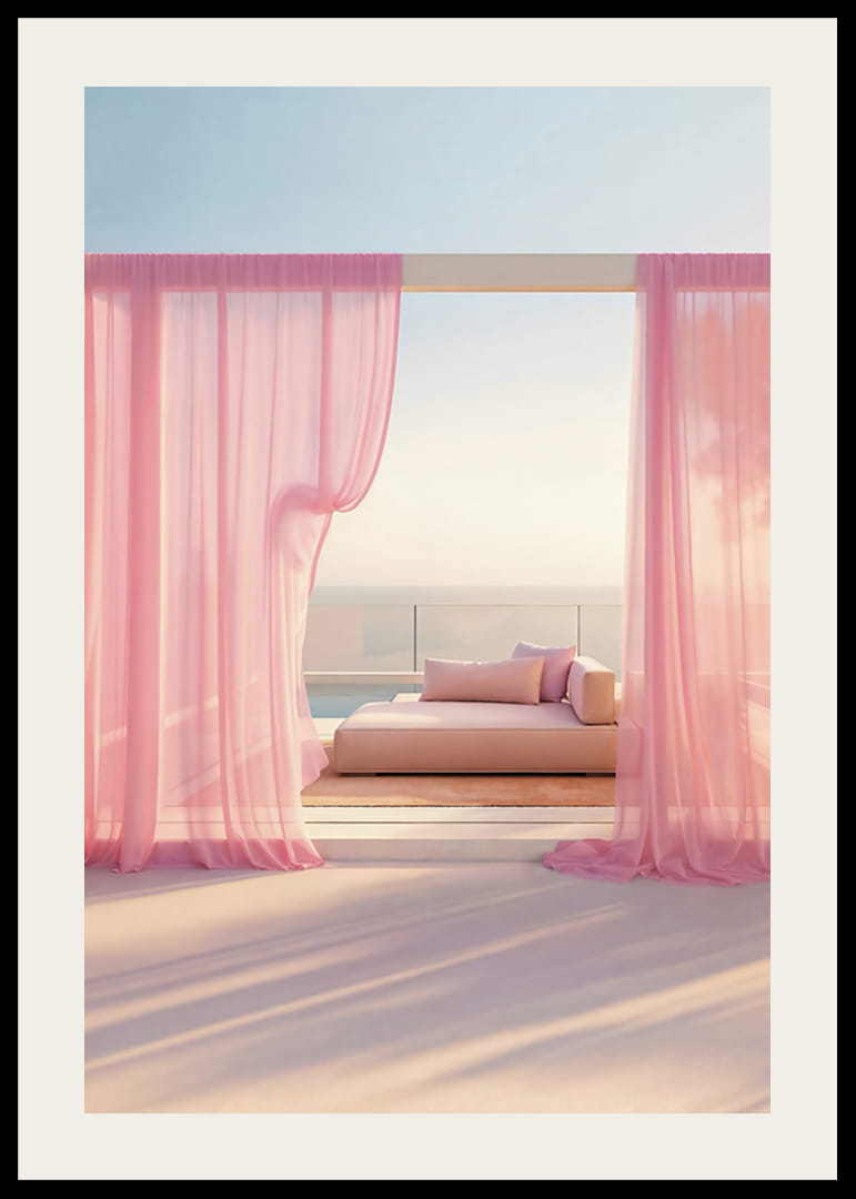 Fotografická denná posteľ s ružovými závesmi na terase pri mori-12