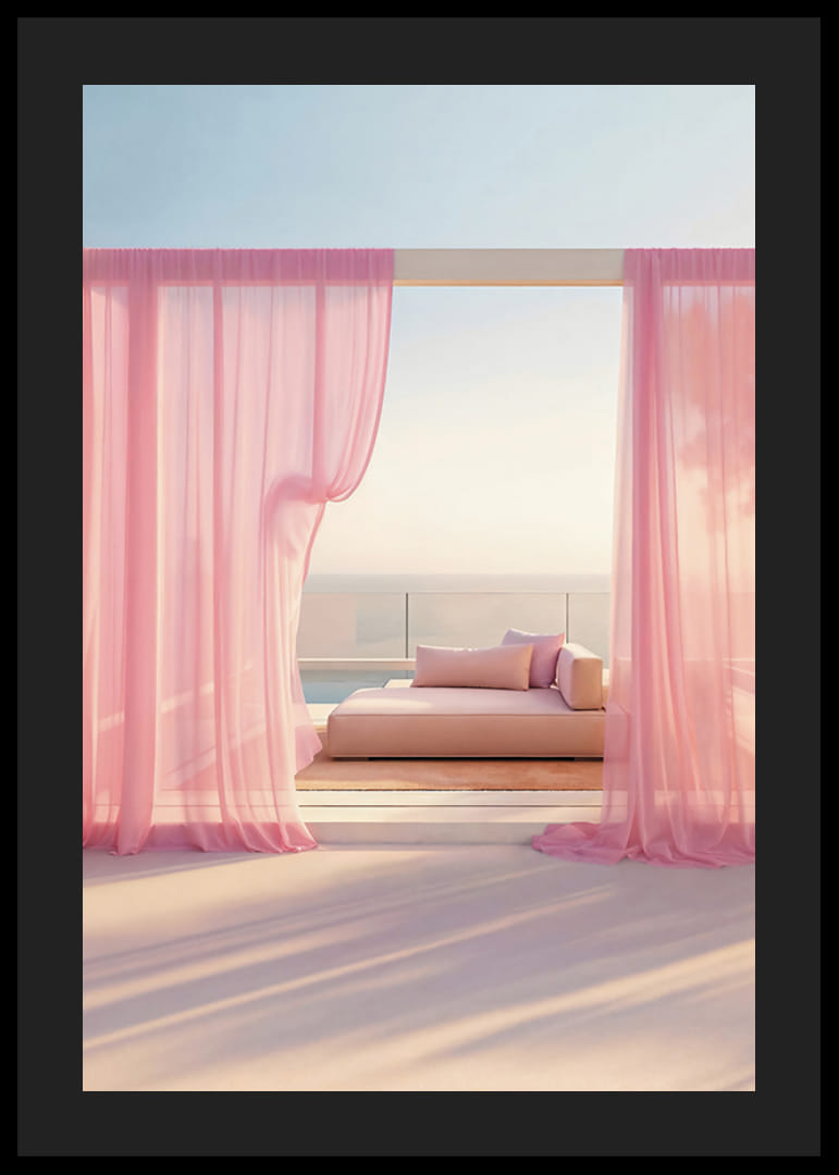 Fotografická denná posteľ s ružovými závesmi na terase pri mori-12