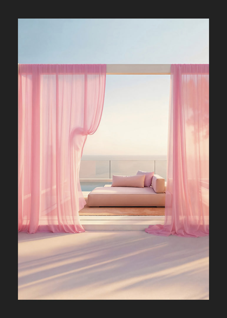 Photographic daybed with pink curtains on terrace by the sea-12