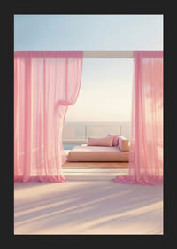 Fotografická denná posteľ s ružovými závesmi na terase pri mori-5