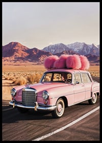 Fotografi av rosa vintage Mercedes med rosa plymer i ökenlandskap-6