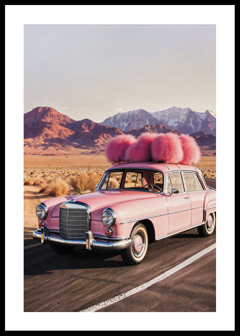 Fotografi av rosa vintage Mercedes med rosa plymer i ökenlandskap-12