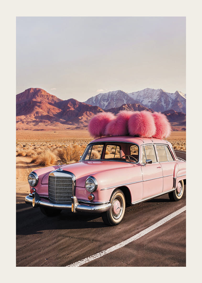 Photographie d'une Mercedes vintage rose avec des plumes roses dans un paysage désertique-12