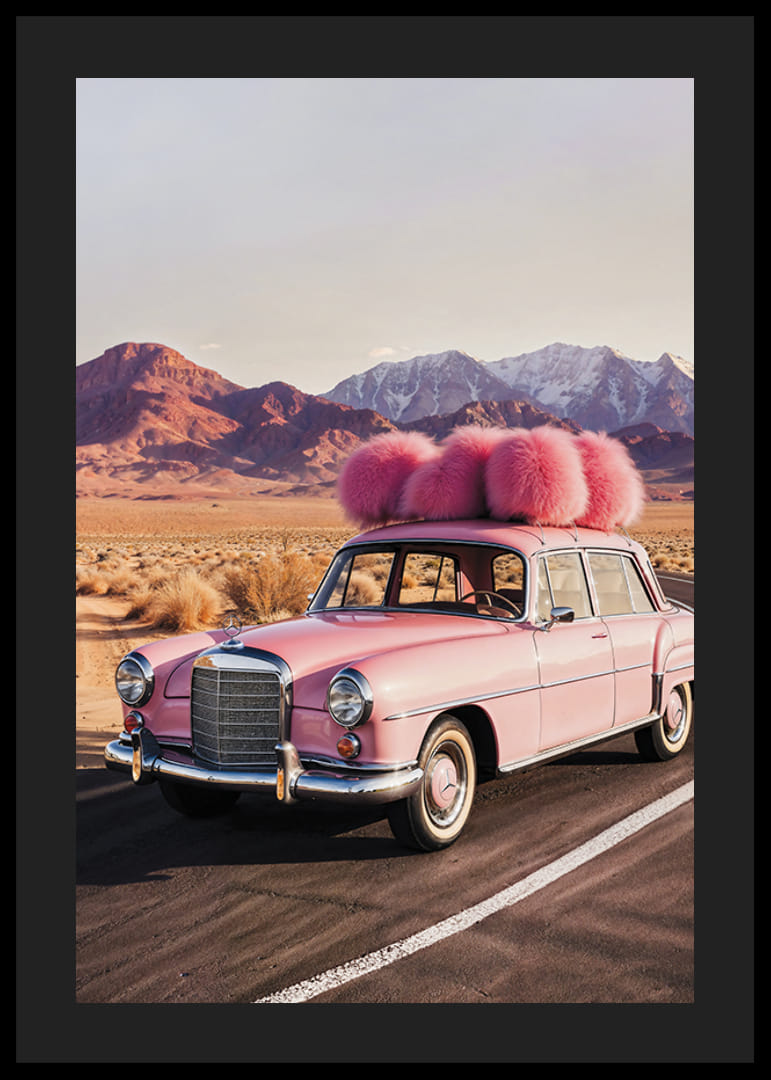 Photographie d'une Mercedes vintage rose avec des plumes roses dans un paysage désertique-12