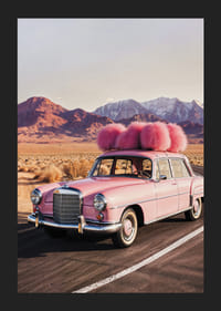 Photographie d'une Mercedes vintage rose avec des plumes roses dans un paysage désertique-5