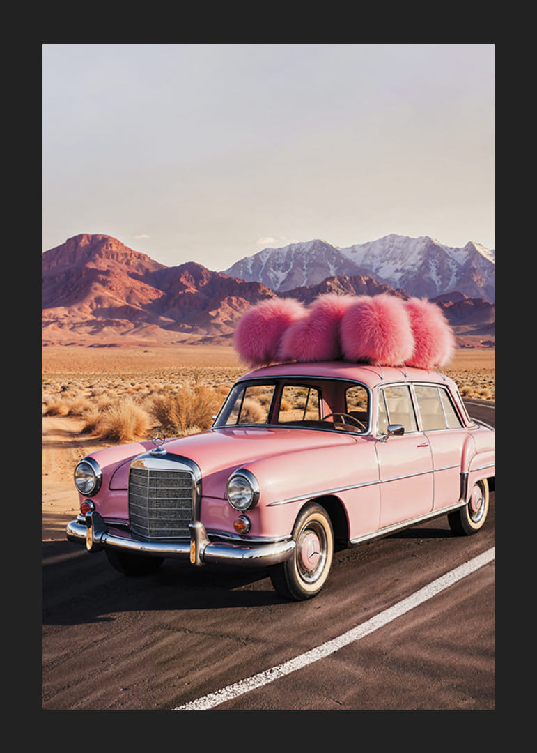Photographie d'une Mercedes vintage rose avec des plumes roses dans un paysage désertique-12