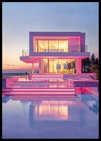 Moderne Villa mit rosa Lichtern und Pool bei Sonnenuntergang, fotografisch-6