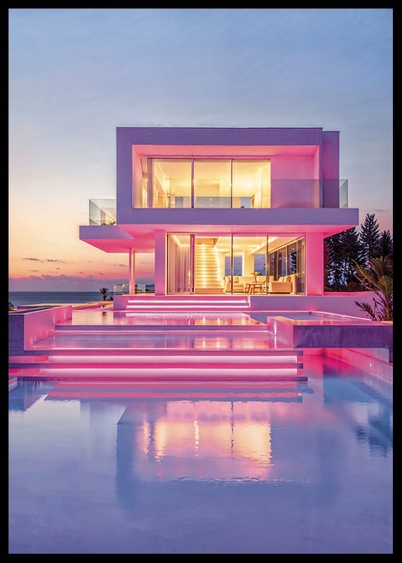 Moderne Villa mit rosa Lichtern und Pool bei Sonnenuntergang, fotografisch-12