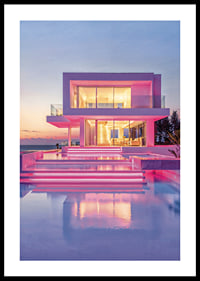 Moderne Villa mit rosa Lichtern und Pool bei Sonnenuntergang, fotografisch-0