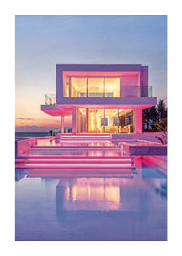 Moderne Villa mit rosa Lichtern und Pool bei Sonnenuntergang, fotografisch-1