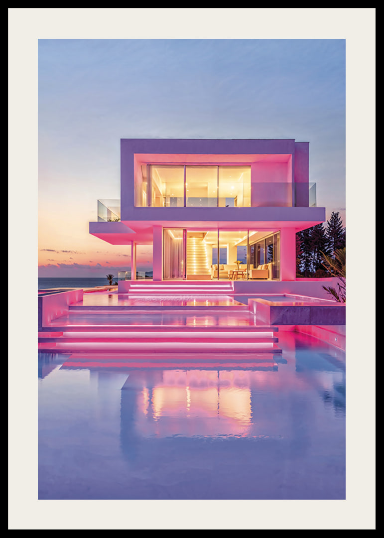 Moderne Villa mit rosa Lichtern und Pool bei Sonnenuntergang, fotografisch-12