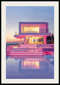 Modern villa with pink lights and pool at sunset, photographic-2