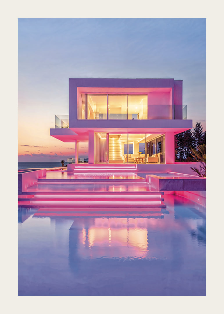 Moderne Villa mit rosa Lichtern und Pool bei Sonnenuntergang, fotografisch-12